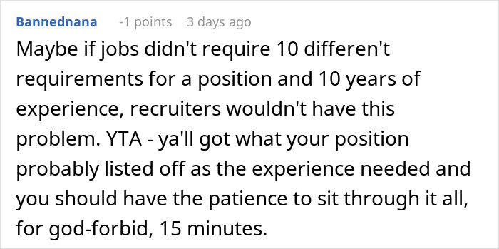 Comment discussing job interview challenges, experience requirements, and patience needed for a 15-minute hiring process.
