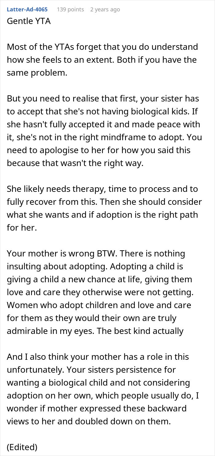Text post discussing baby-mad woman struggling to conceive, marriage issues, and reaction to adoption suggestion.