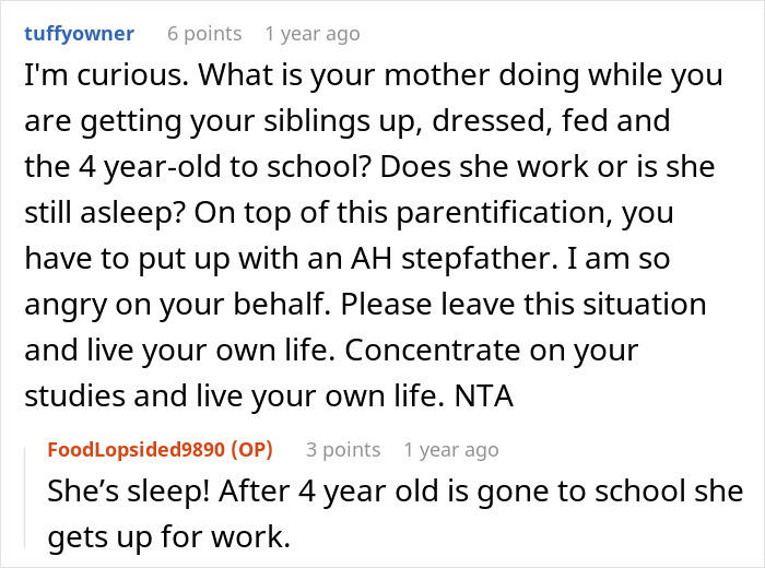 Reddit conversation about 20-year-old overwhelmed by responsibility of caring for half-siblings and moving out.