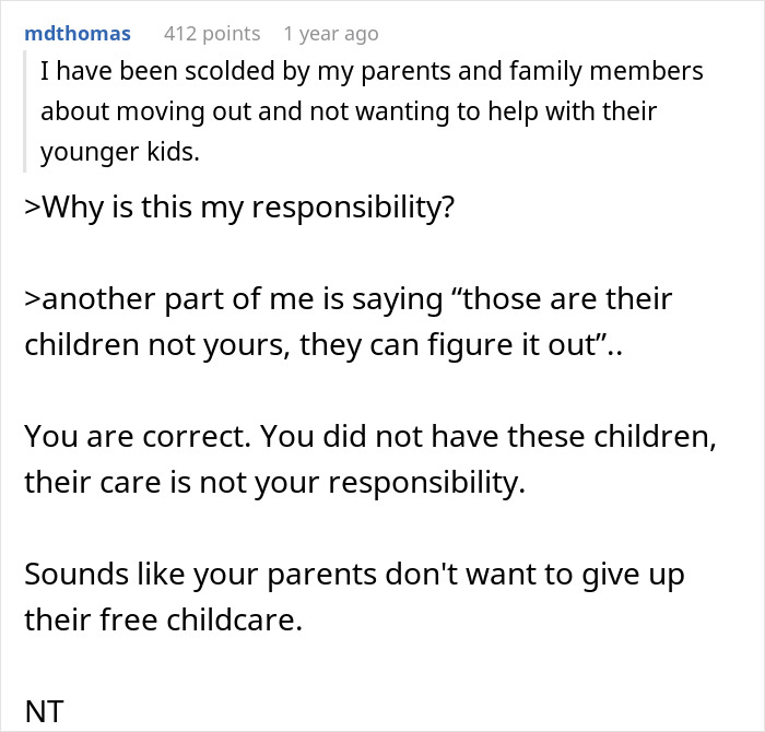 Comment from a 20-year-old explaining frustration with responsibility for half-siblings and decision to move out.