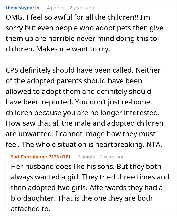 Comments from Reddit users discussing a mom of 6 who tries to dump adopted kids on ex, leading to a CPS call.