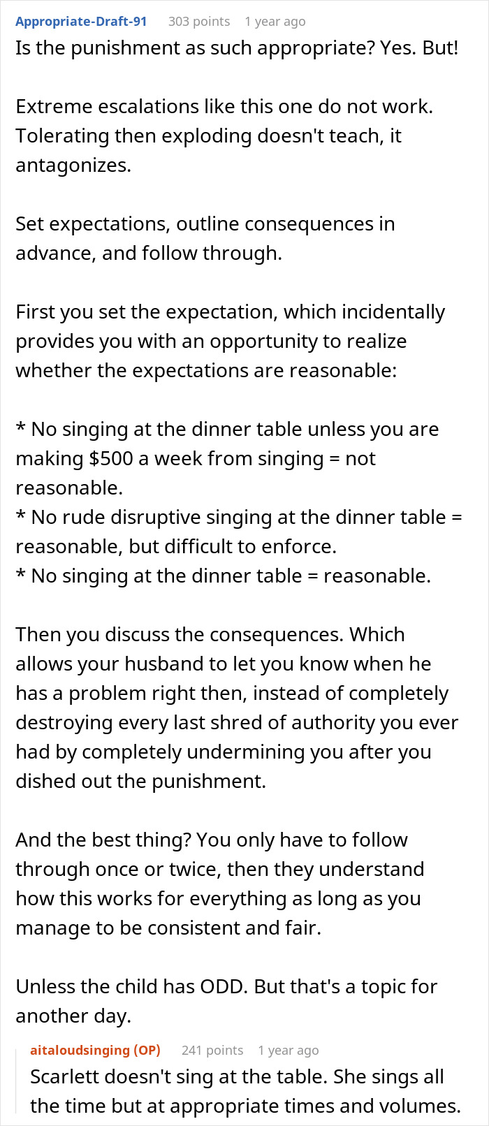 Text conversation discussing setting expectations and consequences for teen singing at family dinners to manage behavior fairly. Text conversation discussing setting expectations and consequences for teen singing at family dinners to manage behavior fairly.