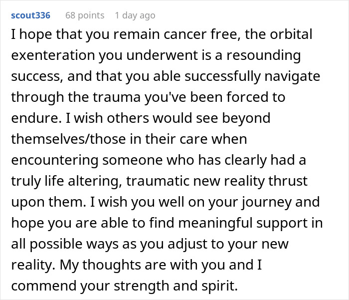 Comment expressing support for cancer survivor’s strength and challenges after traumatic surgery and mistreatment on a plane. Comment expressing support for cancer survivor’s strength and challenges after traumatic surgery and mistreatment on a plane.
