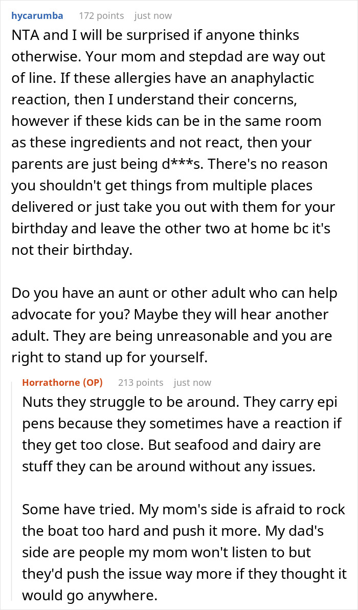 Reddit comments discussing parents ignoring teen&rsquo;s birthday wishes due to stepkids&rsquo; allergies and food restrictions.