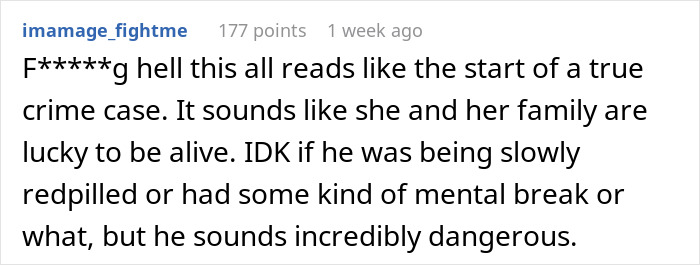 User comment discussing a woman rethinking her relationship after a red-flag argument with her boyfriend, fearing for her life.