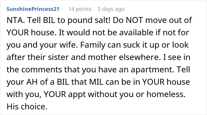 Comment discussing man buying wife’s childhood home and brother-in-law demanding he move out for family. - 29