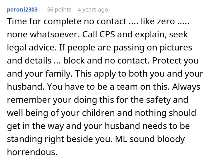 Comment advising on CPS threats from MIL, emphasizing legal advice and protecting family with no contact. Comment advising on CPS threats from MIL, emphasizing legal advice and protecting family with no contact.