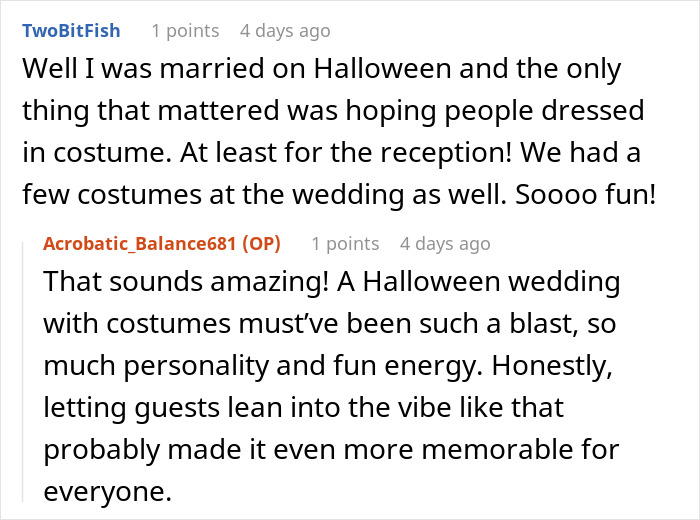 Screenshot of a wedding forum discussion about guests wearing costumes and the bride&rsquo;s expectations on color versus neutrals.