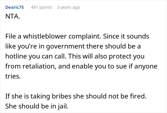 Screenshot of a forum comment advising to file a whistleblower complaint against a boss bad with technology spying on a coworker.