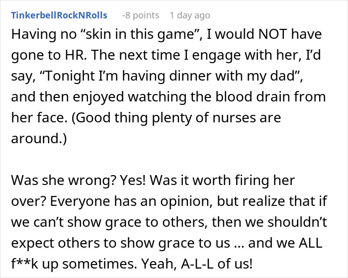 Comment discussing getting a new nurse fired after false accusations involving an affair with a family member. Comment discussing getting a new nurse fired after false accusations involving an affair with a family member.