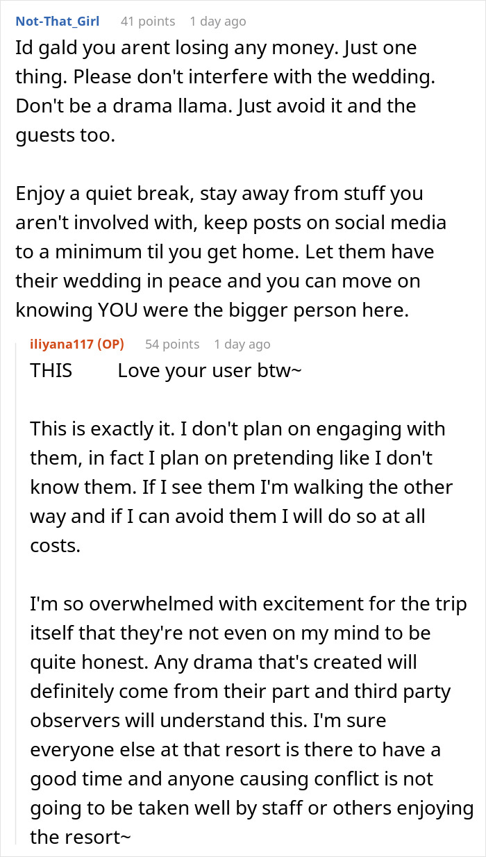 Screenshot of an online forum discussing bride tries to cancel guest’s resort room out of spite and its consequences. - 43