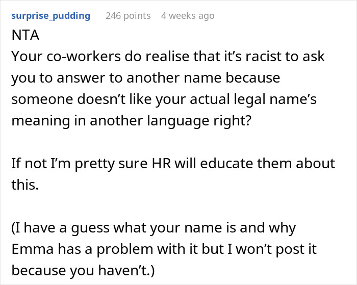 Reddit comment about borderline racism as Korean woman is told to use another name due to coworker offense. Reddit comment about borderline racism as Korean woman is told to use another name due to coworker offense.