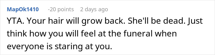 Text comment from user MapOk1410 saying a 17-year-old&rsquo;s hair will grow back but a 7-year-old with cancer might not survive, highlighting family upset.