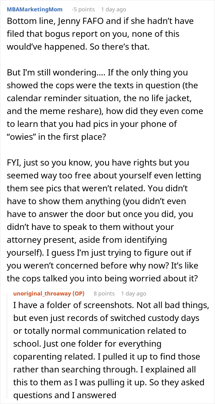 Online discussion about misunderstanding between co-parents causing conflict and CPS involvement in custody issues