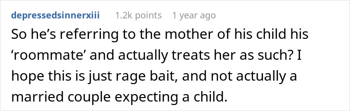 Screenshot of a Reddit comment discussing a guy fed up with his pregnant roomie, revealing he is the father. - 19