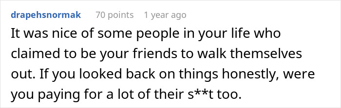 Comment text discussing friendships and honesty, highlighting possible financial strain caused by some friends during holiday drama. - 20