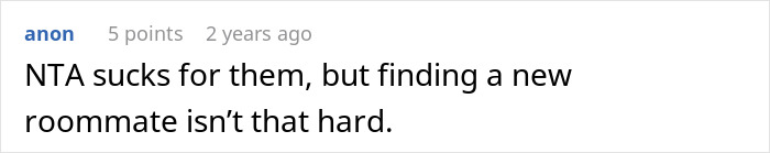 Text comment on a white background stating that not telling roommate bought house until closed may cause issues but finding a new roommate isn&rsquo;t difficult.