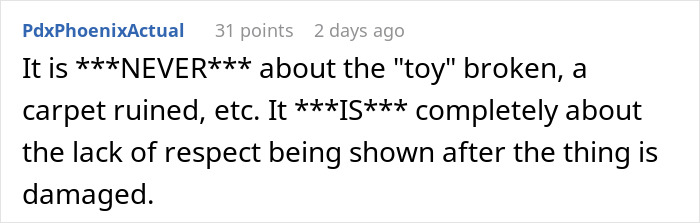 Comment thread discussing a woman upset after her brother cut her son&rsquo;s party short due to his sentimental toy being broken.