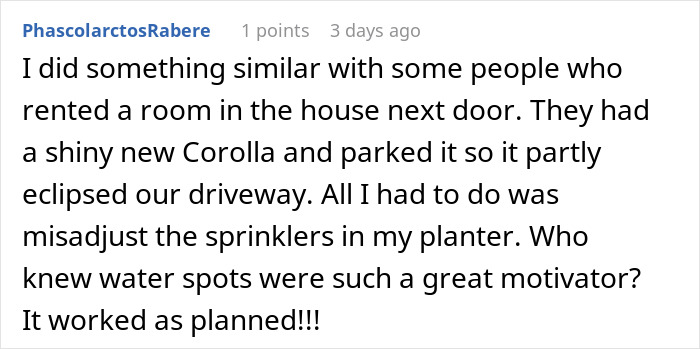 Comment about driveway blocking neighbor’s truck, describing petty revenge by misadjusting sprinklers to motivate moving the vehicle. - 27