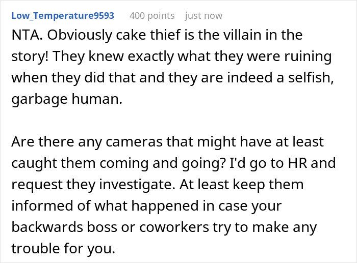 Comment discussing a woman&rsquo;s custom baby shower cake ruined in a shared fridge and advice on handling coworkers.