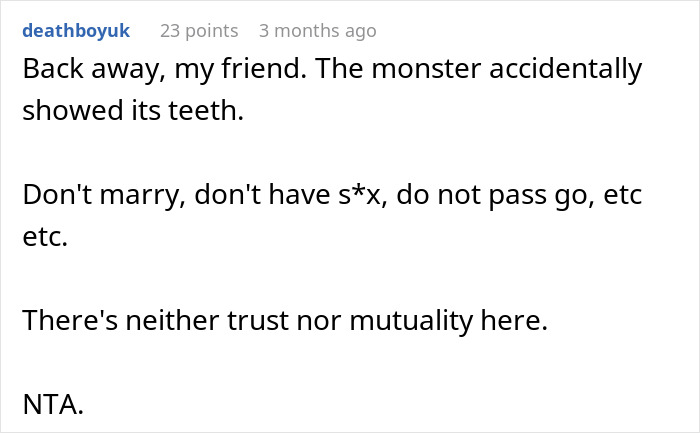 Reddit comment discussing trust issues after a guy demands prenup and changes his mind post seven-figure insurance.