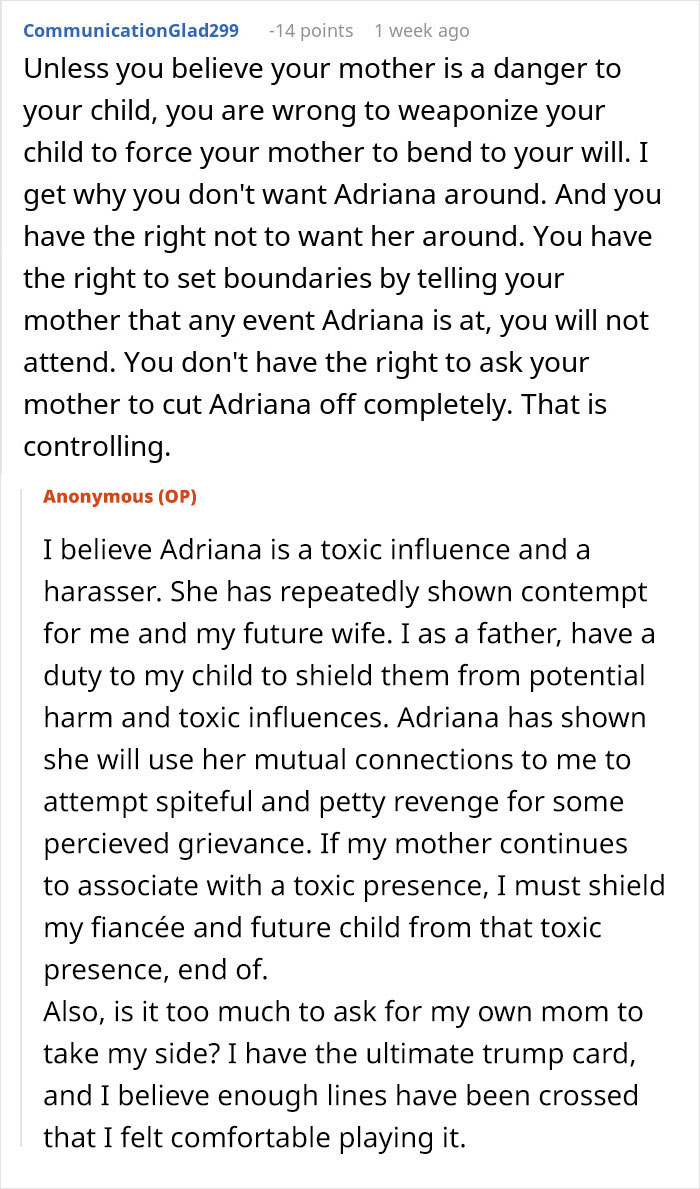 Reddit comments discussing a man threatening to cut off his mother over her friendship with his vengeful ex. - 50