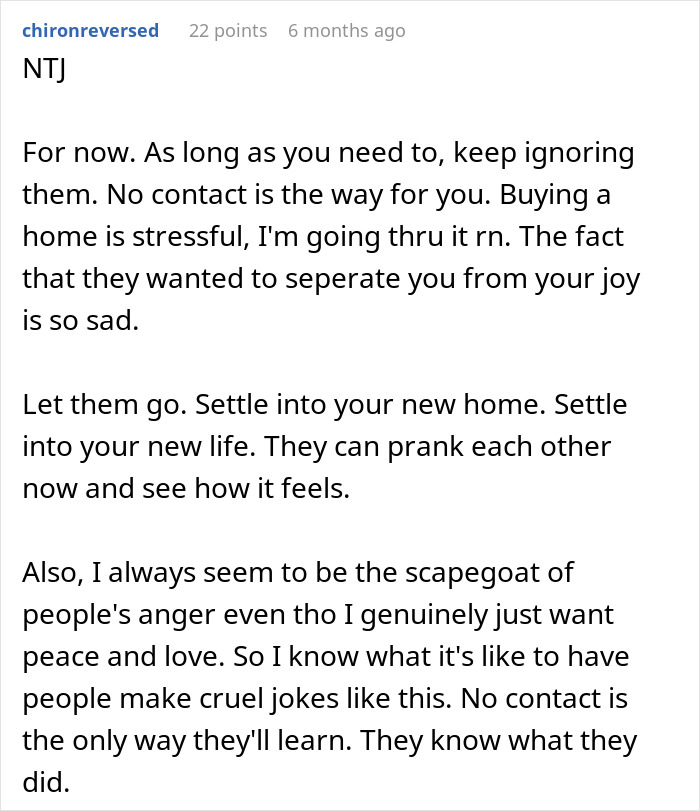Comment on a forum post advising no contact after a fake legal notice prank in a family stages conflict. Comment on a forum post advising no contact after a fake legal notice prank in a family stages conflict.