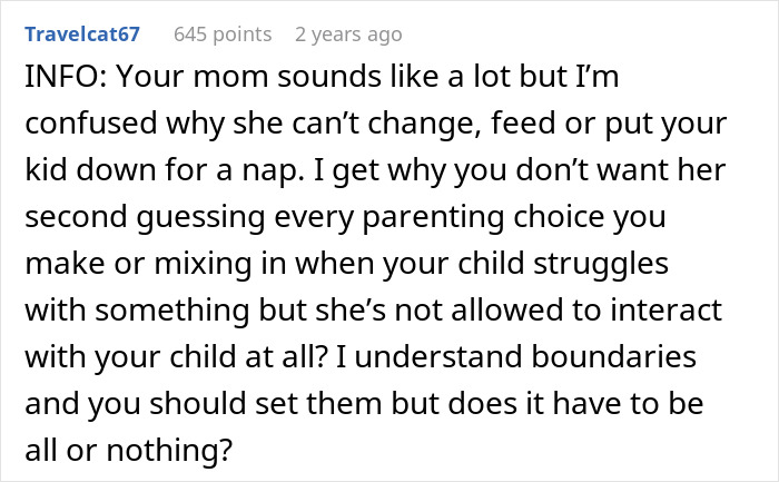 Screenshot of a social media comment discussing a mom being overprotective and not allowing her to help with baby care.