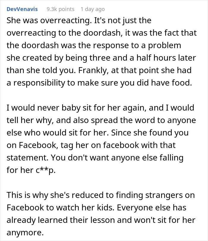Reddit comment discussing overreaction to order Doordash while babysitting and responsibility for providing food. Reddit comment discussing overreaction to order Doordash while babysitting and responsibility for providing food.