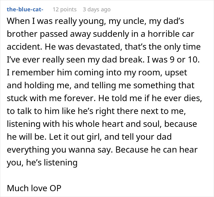 Text post from a user sharing a personal story about their dad and the emotional impact of his will and storage unit.