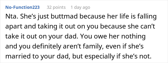 Reddit comment discussing a teen&rsquo;s dad going AWOL and stepmom expecting help with half siblings, refusal causing anger.