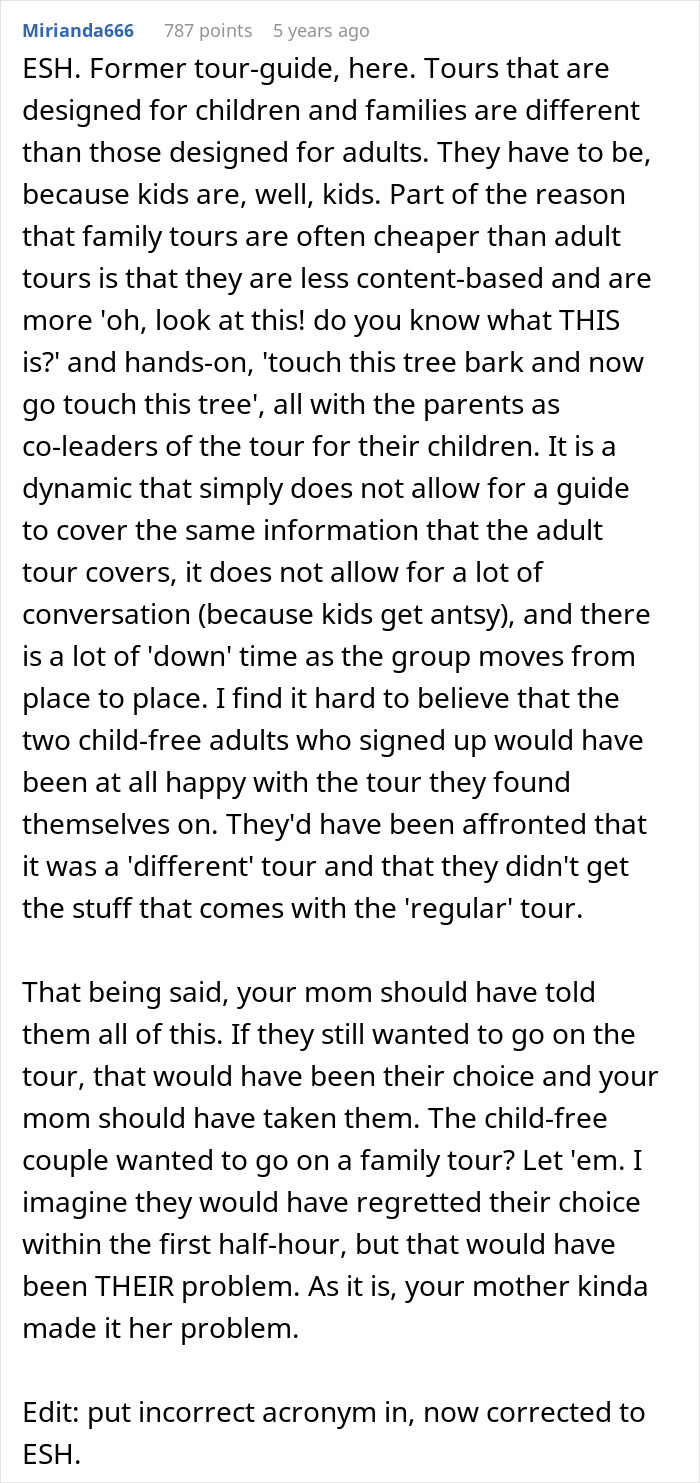 Comment explaining tour differences for families versus adults amid tour company bombarded with bad reviews after turning away childfree couple. - 29