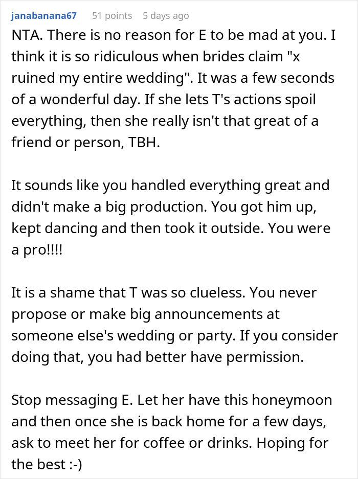 Text comment discussing a man planning a public proposal at a wedding without asking, leaving the bride in tears and the girlfriend embarrassed. - 29