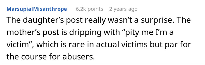 Comment discussing a manipulative mom-daughter story drama, highlighting victim mentality in the mother’s post. - 66