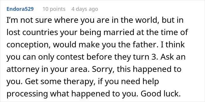 Comment discussing confusion and advice about fatherhood laws and seeking therapy after a disheartening discovery. - 30