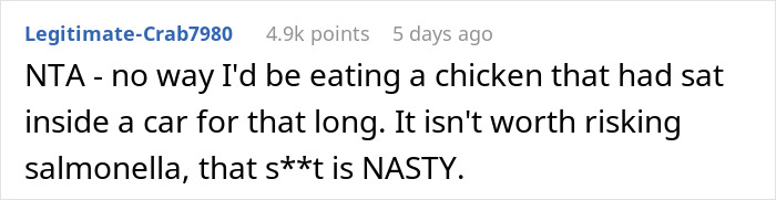 Comment warning about raw chicken left in a car trunk, mentioning biohazard risks and refusing to eat it due to salmonella concerns. - 16