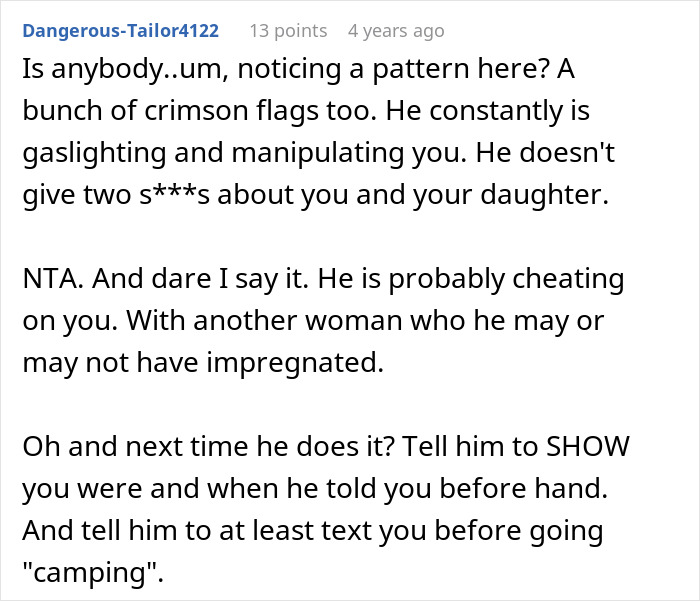 Screenshot of a forum comment discussing a man cancelling plans to go on a cycle trip instead of watching his daughter. Screenshot of a forum comment discussing a man cancelling plans to go on a cycle trip instead of watching his daughter.