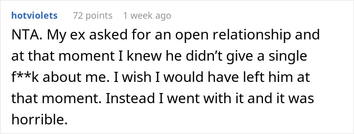 Screenshot of a Reddit comment discussing heartbreak and struggles after husband suggests trying polyamory in marriage. - 32