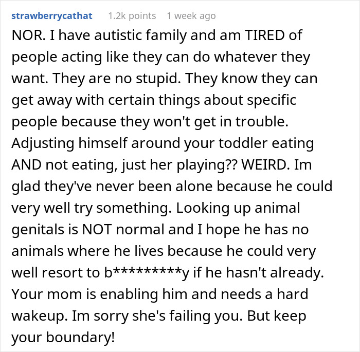 Comment expressing concern about safety issues related to an autistic family member and the mother's enabling behavior. - 20