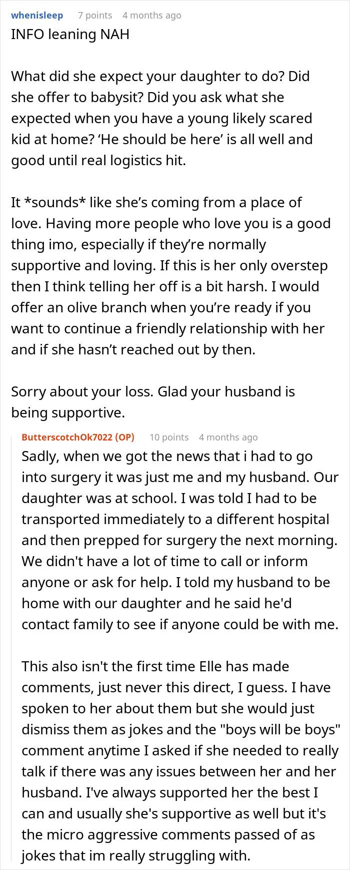 Reddit discussion screenshot about sil pregnancy husband boundaries and handling family support during surgery and recovery. - 38