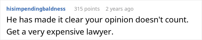 Screenshot of a Reddit comment advising to get an expensive lawyer amid husband&rsquo;s decision impacting marriage and disabled siblings.