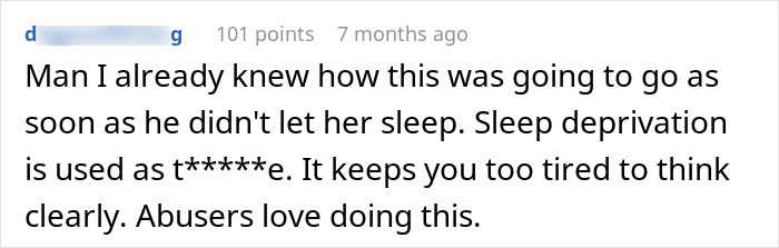 Screenshot of an online comment discussing sleep deprivation and abusive behavior related to drunk wife incidents. - 39
