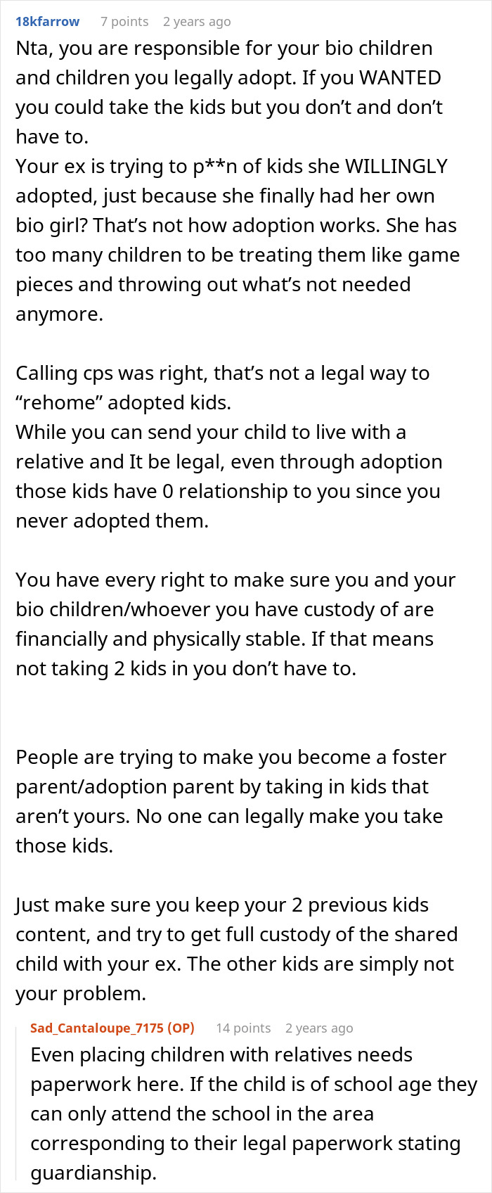 Reddit comment discussing adoption, custody, and legal responsibilities during a divorce involving adopted kids and CPS.