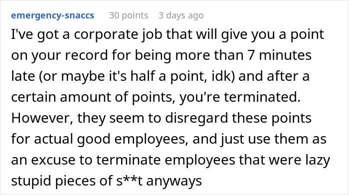 Text post discussing workplace penalty policies for being late, highlighting strict rules on minutes late versus hours late.