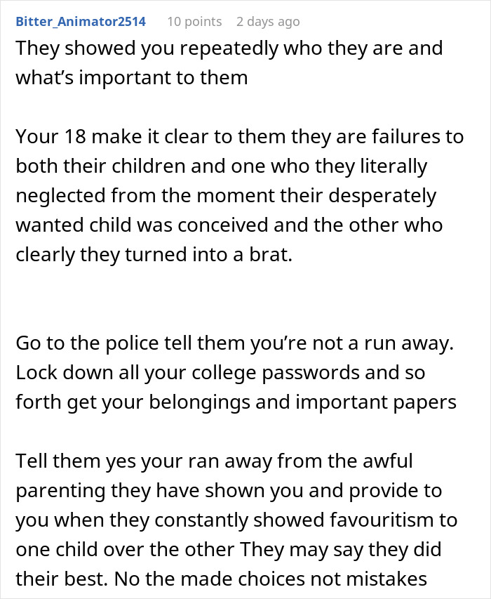 Online discussion about parents playing favorites and an adopted daughter moving out after graduation.