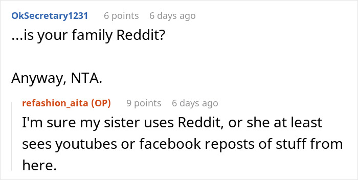 Reddit conversation screenshot showing a debate about a woman refusing to wear niece&rsquo;s handmade dress for career event.