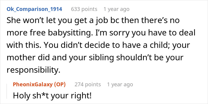 Reddit conversation about teen asking to be paid for babysitting and mom upset over nail appointment priority.