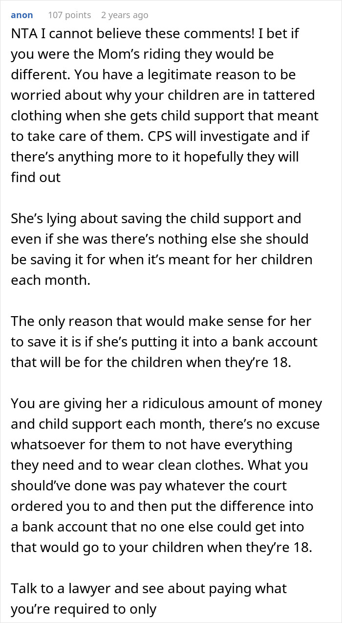 Screenshot of a Reddit comment discussing child support and concerns over children wearing tattered clothes and CPS involvement. - 29