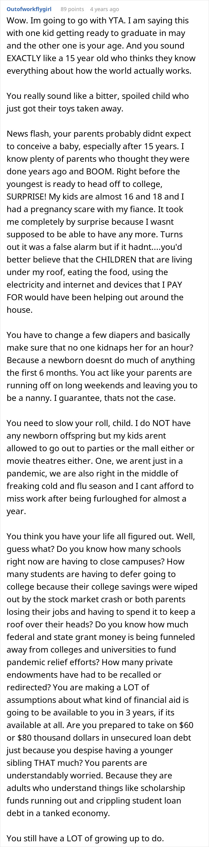 Comment discussing a teen refusing to be a live-in babysitter for parents, expressing frustration and family dynamics. - 30