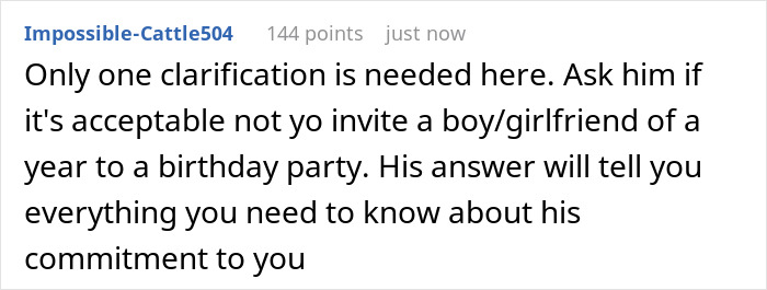 Text post discussing whether it is acceptable for a guy’s female best friend to exclude his girlfriend from a birthday party. - 16
